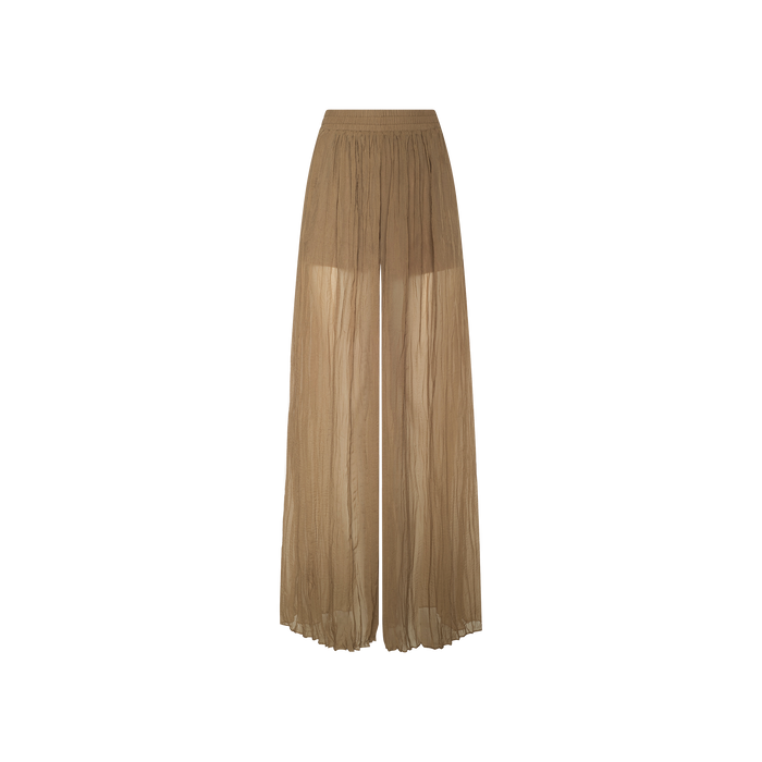 The Ethel Pleated Pant is a sheer, high-waisted, wide-leg vacation style in brown featuring an elastic waistband. Crafted from lightweight, flowy crinkle chiffon fabric, these pants offer partial transparency along the legs.