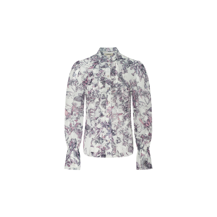 The Eunice Blouse is a long-sleeve button-up with a high neck and ruffled cuffs, showcasing a purple and pink floral print on a white background.