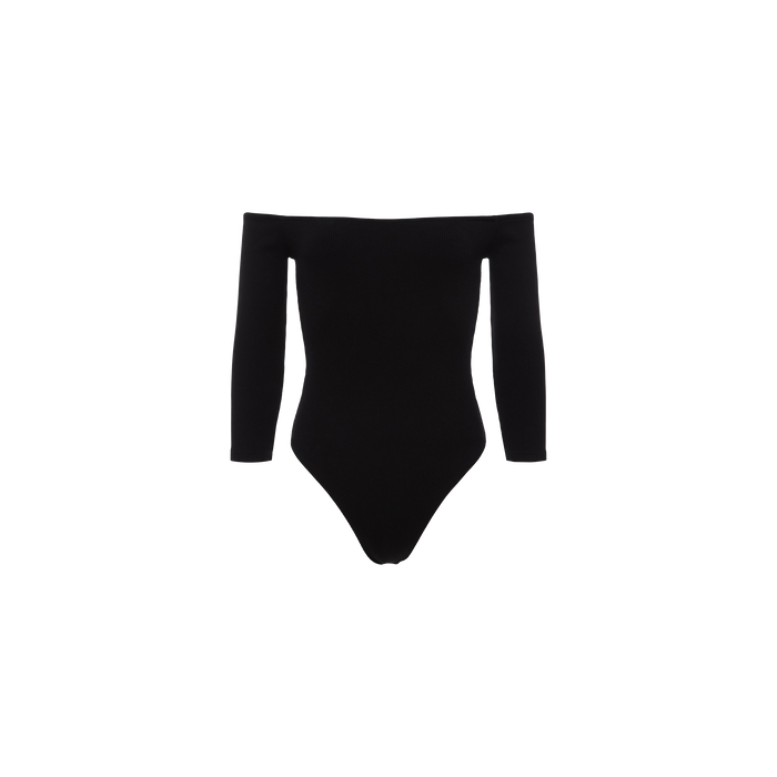 The Evelyn Off-The-Shoulder Bodysuit, crafted from black stretch cotton modal with an elegant off-the-shoulder and long-sleeve design, is displayed against a plain white background.