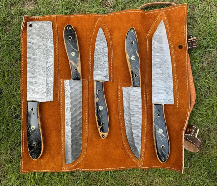 Exquisite 5-Piece Handmade Damascus Steel Chef's Knife Set cskforged