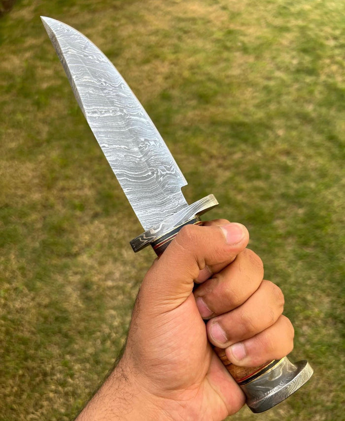 Exquisite Damascus Hunting Knife with Stacked Leather Handle | Limited Edition | cskforged store" cskforged