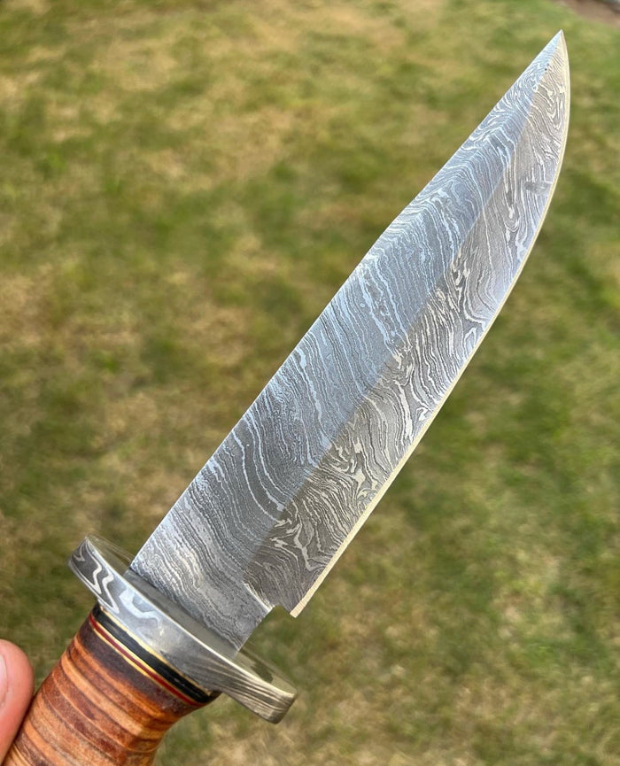 Exquisite Damascus Hunting Knife with Stacked Leather Handle | Limited Edition | cskforged store" cskforged