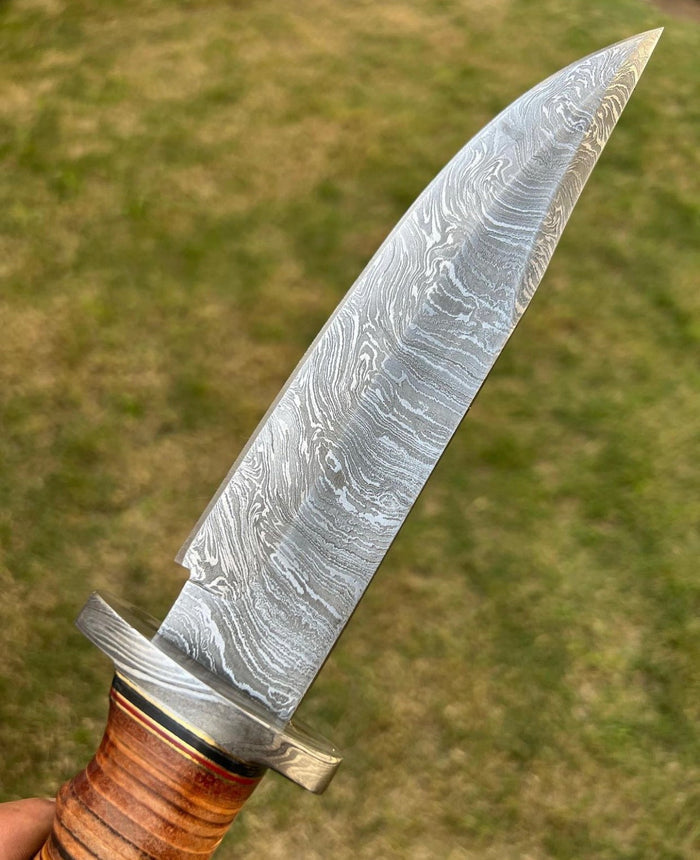 Exquisite Damascus Hunting Knife with Stacked Leather Handle | Limited Edition | cskforged store" cskforged