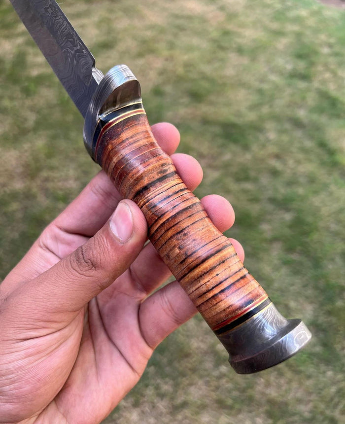 Exquisite Damascus Hunting Knife with Stacked Leather Handle | Limited Edition | cskforged store" cskforged