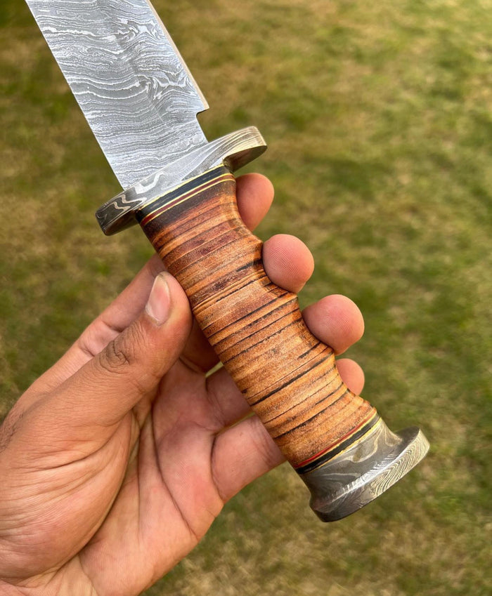 Exquisite Damascus Hunting Knife with Stacked Leather Handle | Limited Edition | cskforged store" cskforged