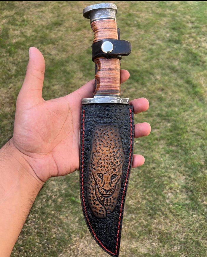 Exquisite Damascus Hunting Knife with Stacked Leather Handle | Limited Edition | cskforged store" cskforged