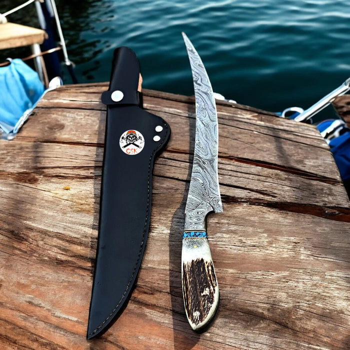 Exquisite Handmade Damascus Steel Fillet Knife – Antler Handle cskforged