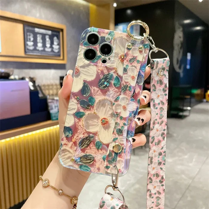 Fashion Oil Painting Flower Crossbody Lanyard Wrist Strap Phone Case For iPhone PhoneShells