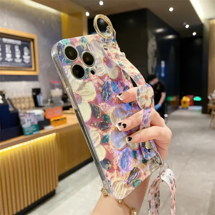 Fashion Oil Painting Flower Crossbody Lanyard Wrist Strap Phone Case For iPhone PhoneShells