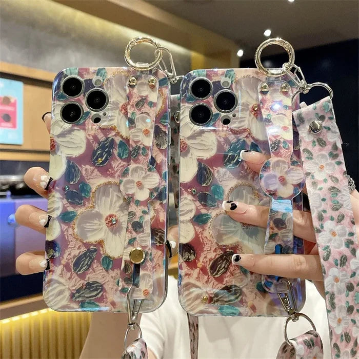 Fashion Oil Painting Flower Crossbody Lanyard Wrist Strap Phone Case For iPhone PhoneShells