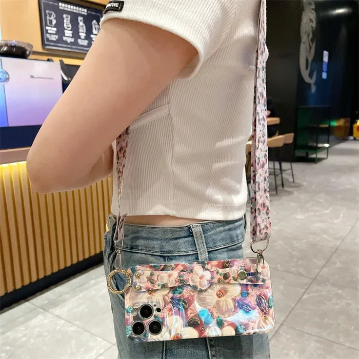 Fashion Oil Painting Flower Crossbody Lanyard Wrist Strap Phone Case For iPhone PhoneShells