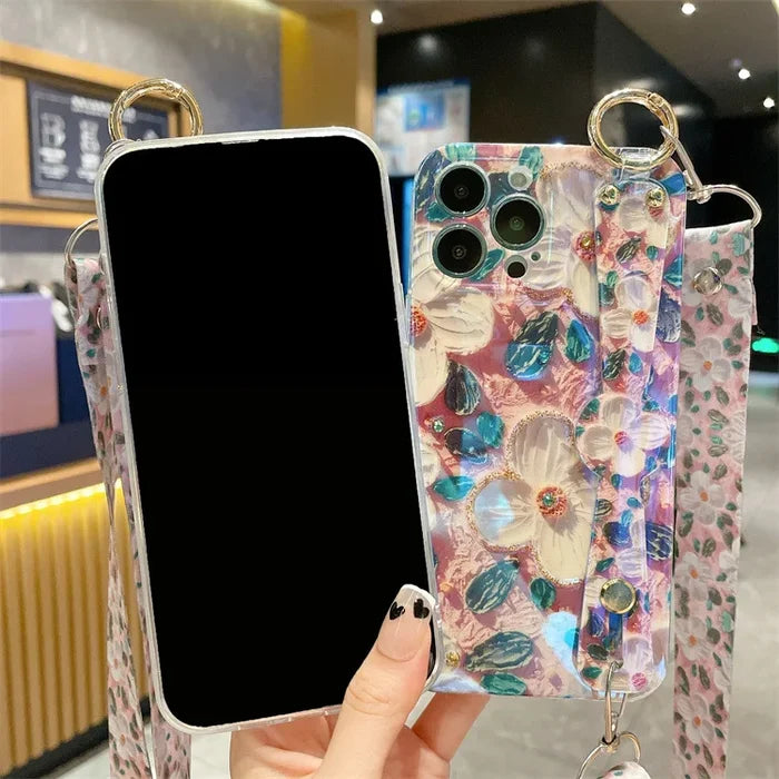Fashion Oil Painting Flower Crossbody Lanyard Wrist Strap Phone Case For iPhone PhoneShells