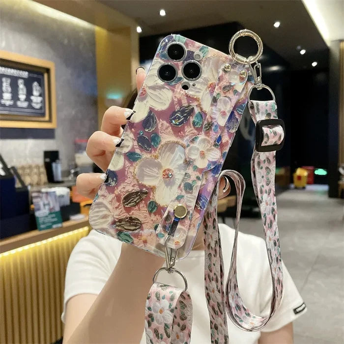 Fashion Oil Painting Flower Crossbody Lanyard Wrist Strap Phone Case For iPhone PhoneShells