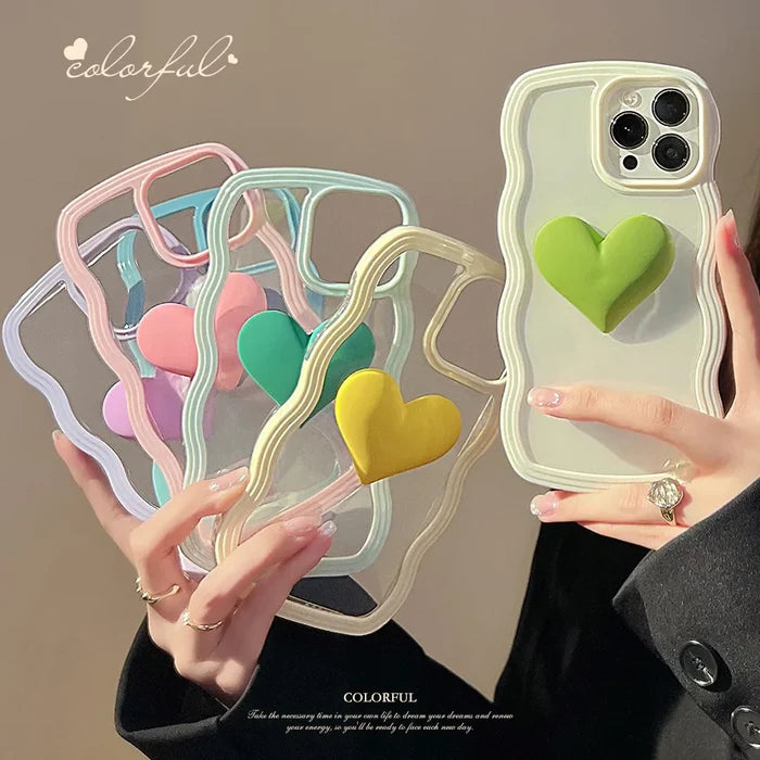 Fashion Transparent Curly Wave 3D Love Heart Phone Case For iPhone PhoneShells