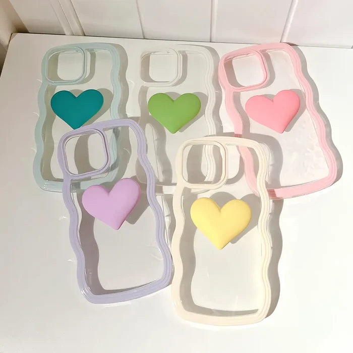 Fashion Transparent Curly Wave 3D Love Heart Phone Case For iPhone PhoneShells