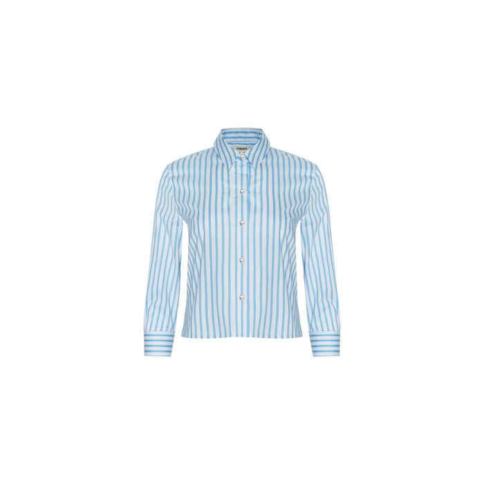 Fawn Beach Print Shirt featuring light blue and white vertical stripes, a button-up front, long sleeves, and a collar, crafted from organic cotton and presented on a plain white background.