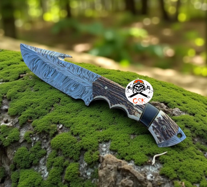 FEATHER DAMASCUS EVOKE HOOK KNIFE ANTLER HANDLE cskforged