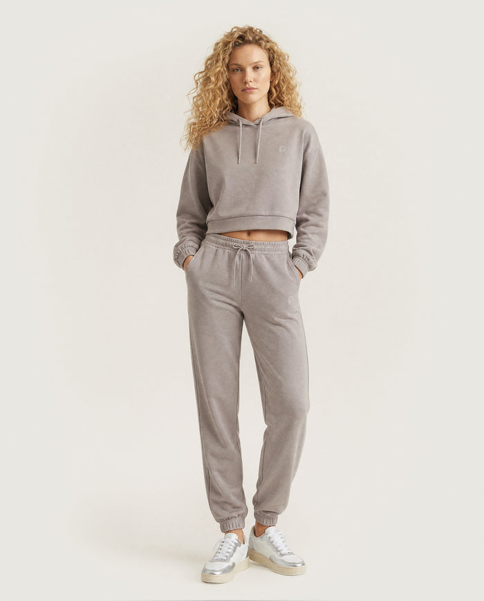 Felpa cropped grigia con cappuccio