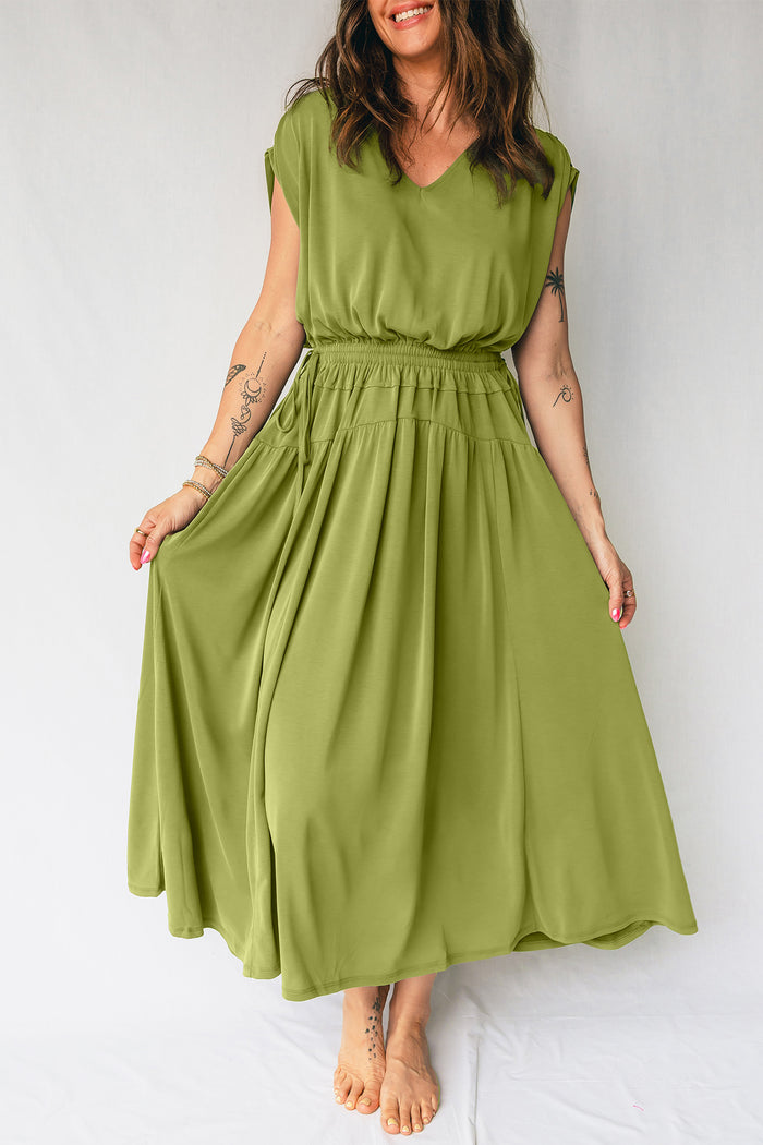 Fern Green Solid V Neck Cap Sleeve Tunic Elastic Waist Versatile Maxi Dress Shewin