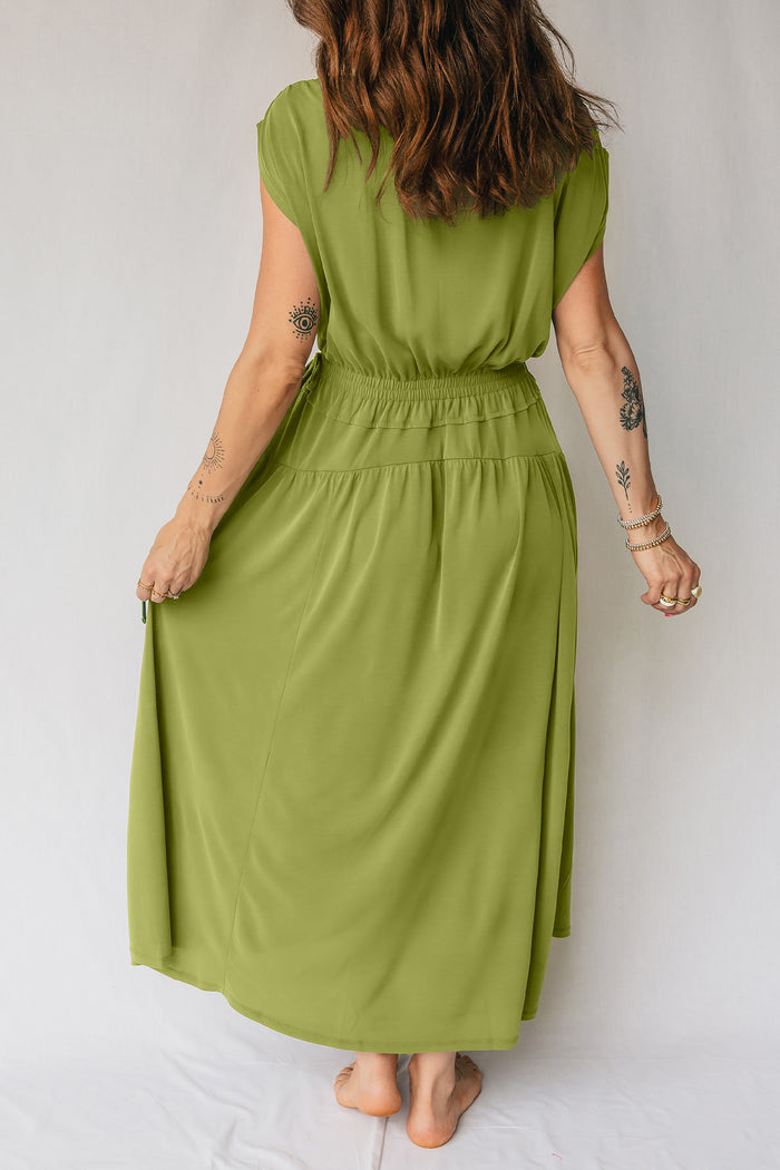 Fern Green Solid V Neck Cap Sleeve Tunic Elastic Waist Versatile Maxi Dress Shewin