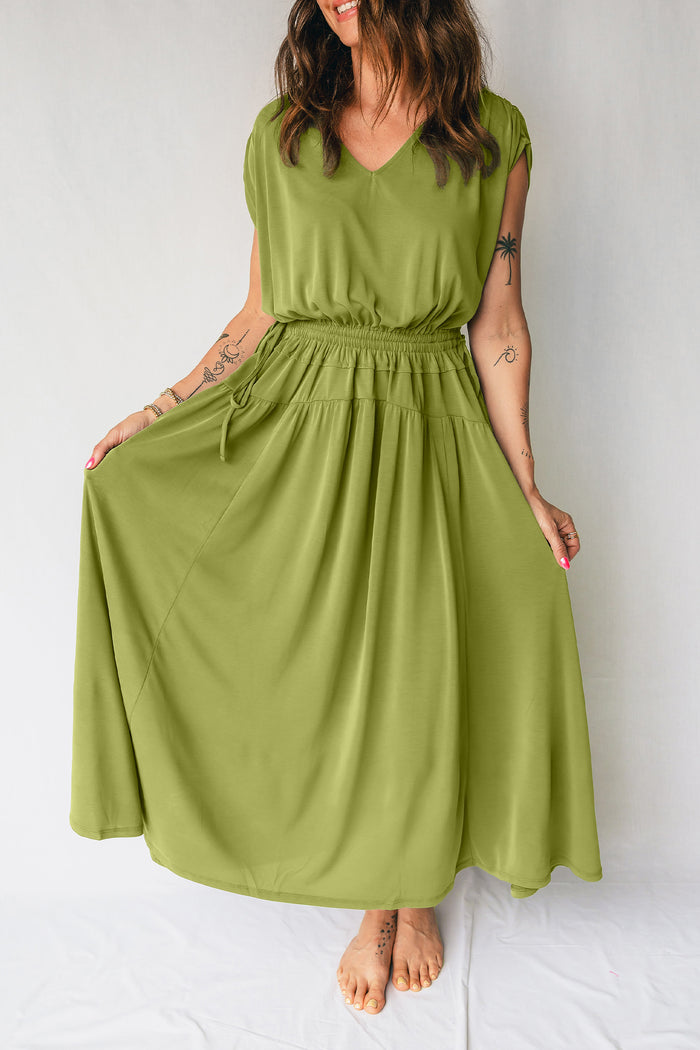 Fern Green Solid V Neck Cap Sleeve Tunic Elastic Waist Versatile Maxi Dress Shewin