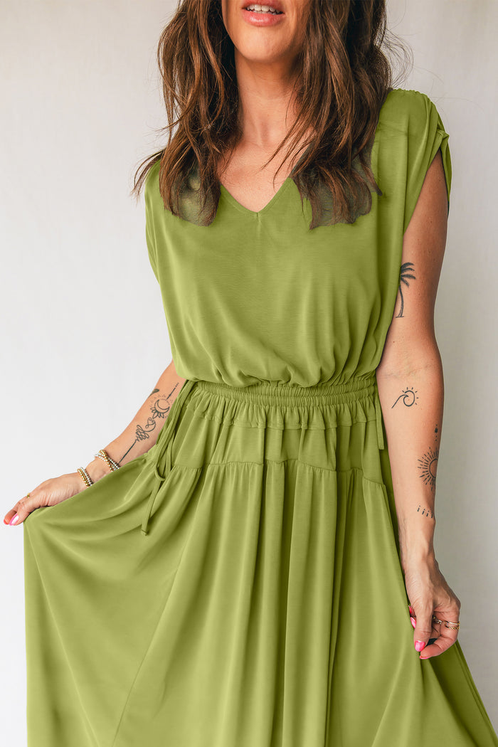 Fern Green Solid V Neck Cap Sleeve Tunic Elastic Waist Versatile Maxi Dress Shewin