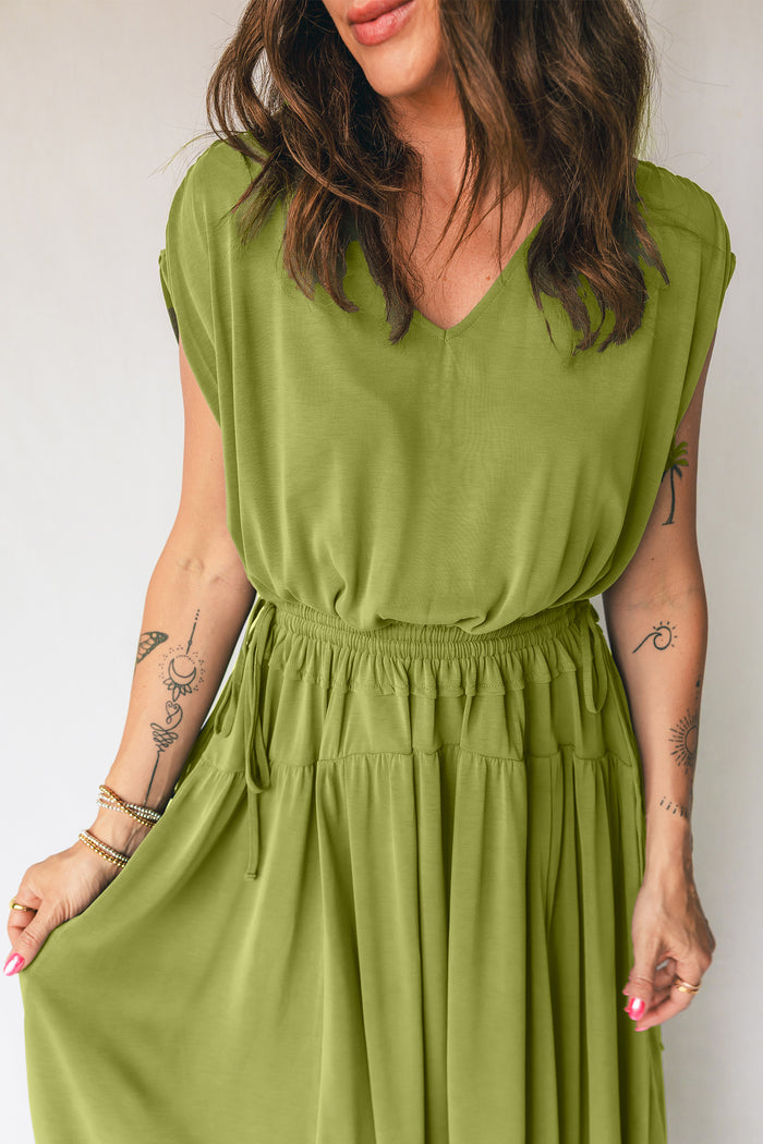 Fern Green Solid V Neck Cap Sleeve Tunic Elastic Waist Versatile Maxi Dress Shewin