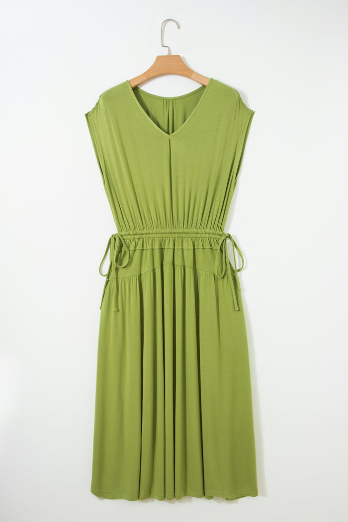 Fern Green Solid V Neck Cap Sleeve Tunic Elastic Waist Versatile Maxi Dress Shewin