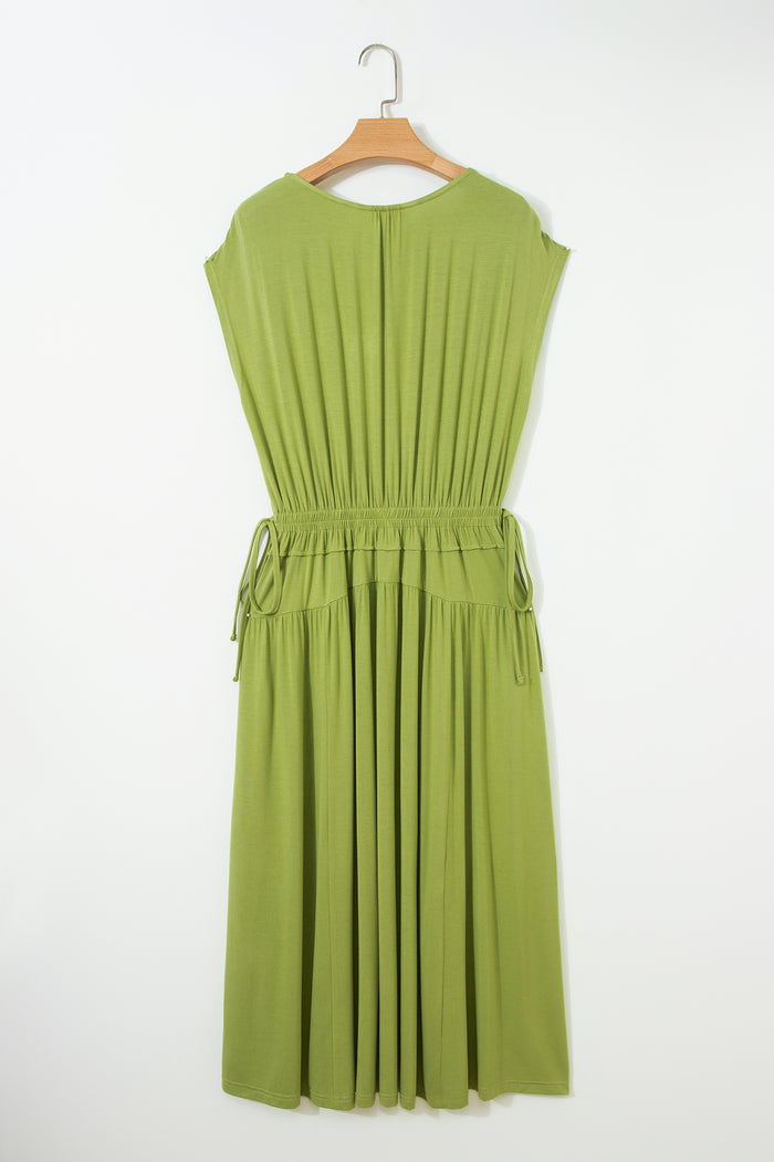 Fern Green Solid V Neck Cap Sleeve Tunic Elastic Waist Versatile Maxi Dress Shewin