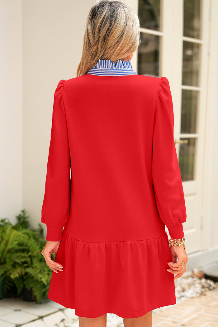 Fiery Red Striped Collar Long Sleeve Ruffle Hem Dress Shewin