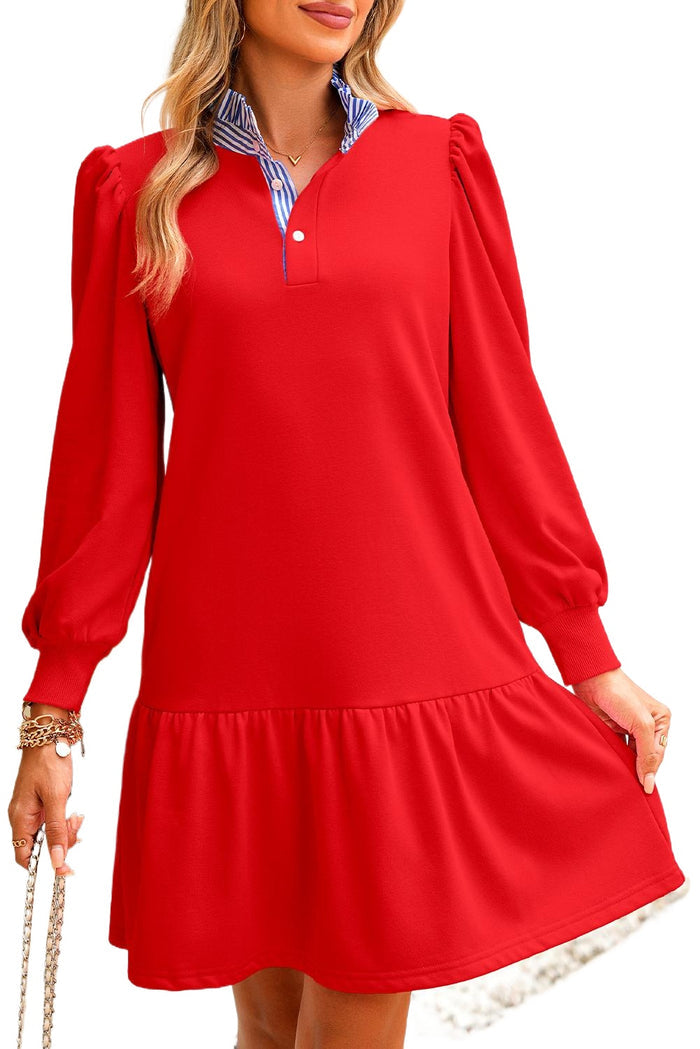 Fiery Red Striped Collar Long Sleeve Ruffle Hem Dress Shewin