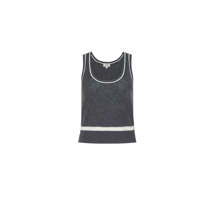 The Filou Cashmere Tank is a sleeveless, dark gray lightweight cashmere top featuring white trim along the neckline and armholes, as well as a single white stripe near the hem, shown against a plain white background.