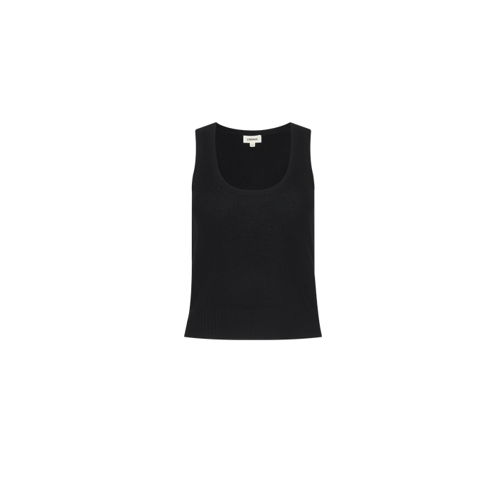 The Filou Cashmere Tank is a black, sleeveless knit top with a scoop neckline, perfect for luxury layering or elevating your sweater capsule wardrobe, shown against a plain white background.