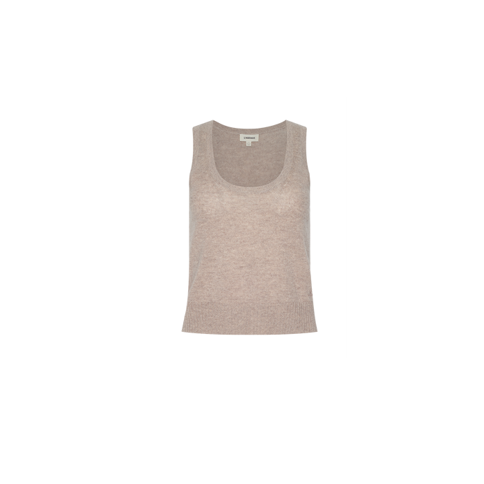 The Filou Cashmere Tank is a beige, lightweight, sleeveless knit top with a scoop neckline, shown against a plain white background.