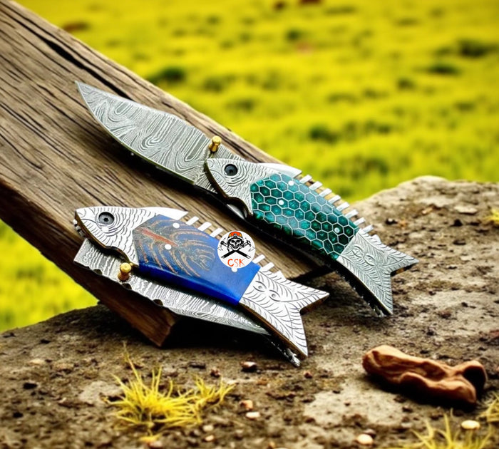 Fish Folding Pocket Knife Set 7" Damascus Steel Pocket Knife cskforged