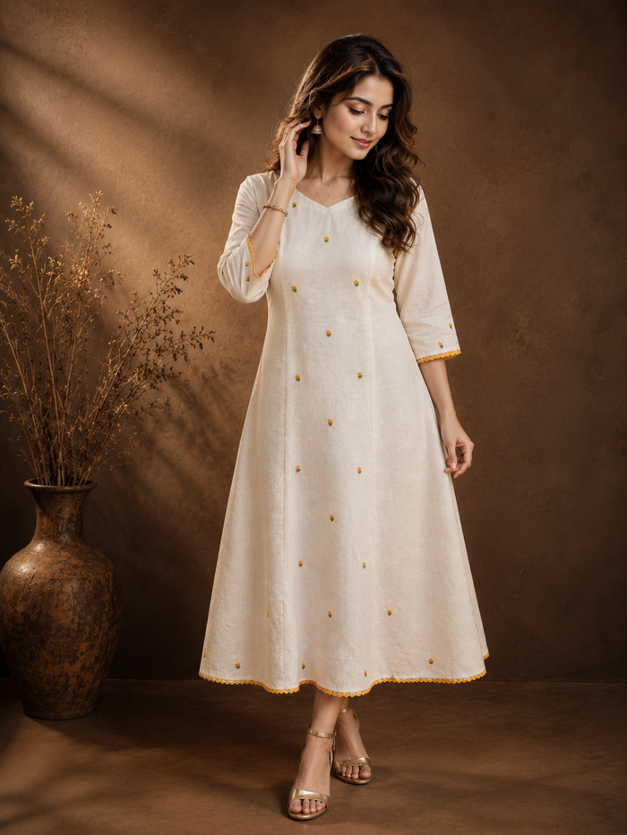 Off-white flex cotton Aline kurti with hand embroidered middle panel and hemline MBS-1313  **Ready to dispatch**