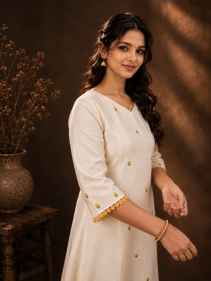 Off-white flex cotton Aline kurti with hand embroidered middle panel and hemline MBS-1313  **Ready to dispatch**