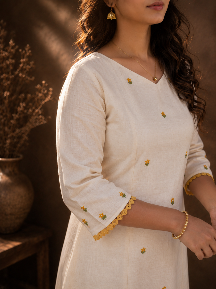Off-white flex cotton Aline kurti with hand embroidered middle panel and hemline MBS-1313  **Ready to dispatch**