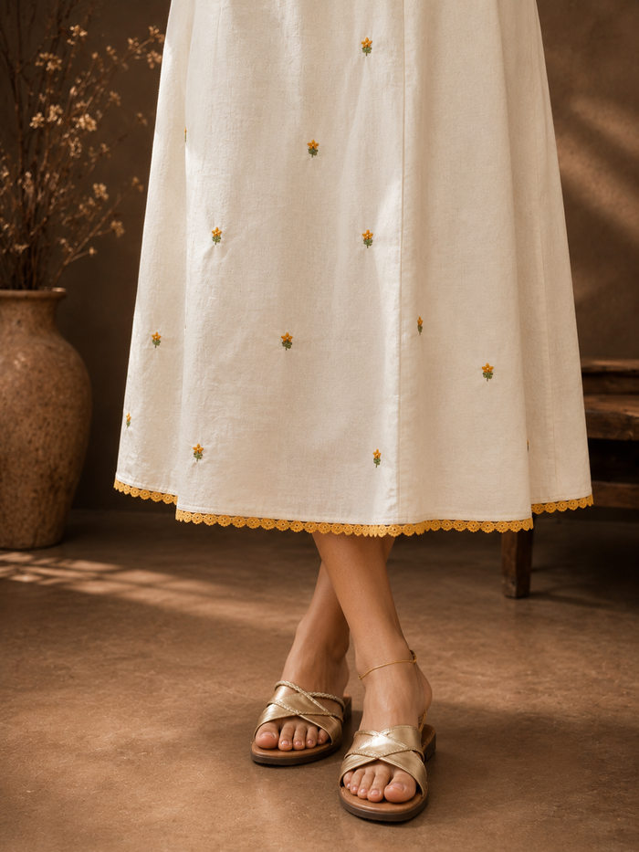 Off-white flex cotton Aline kurti with hand embroidered middle panel and hemline MBS-1313  **Ready to dispatch**