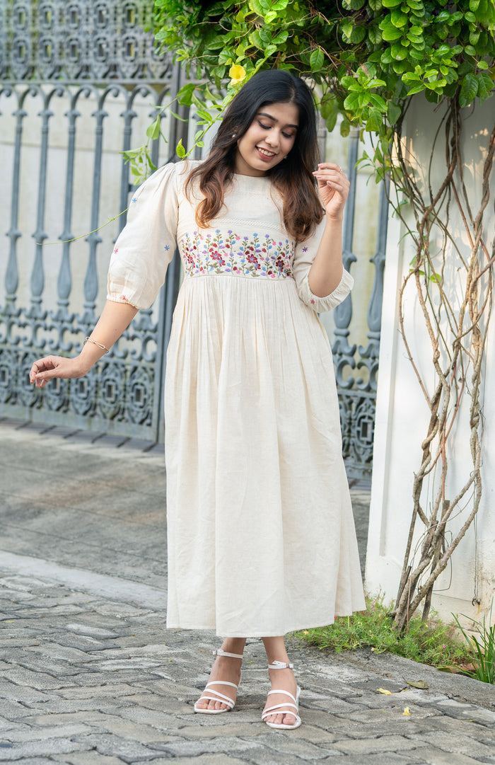 Off-white flex cotton dress with floral embroidery and crochet lace detailing on yoke and sleeves MBS-R234 **Ready to dispatch**
