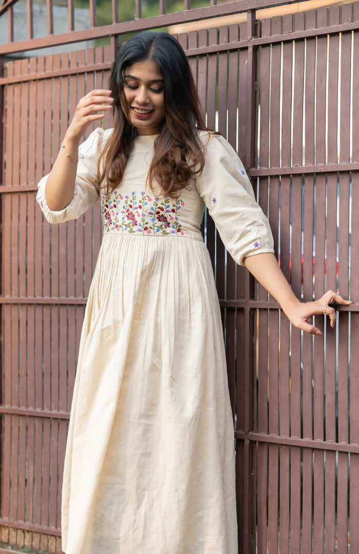 Off-white flex cotton dress with floral embroidery and crochet lace detailing on yoke and sleeves MBS-R234 **Ready to dispatch**