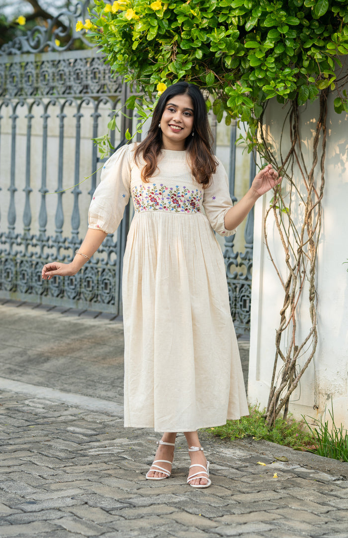 Off-white flex cotton dress with floral embroidery and crochet lace detailing on yoke and sleeves MBS-R234 **Ready to dispatch**