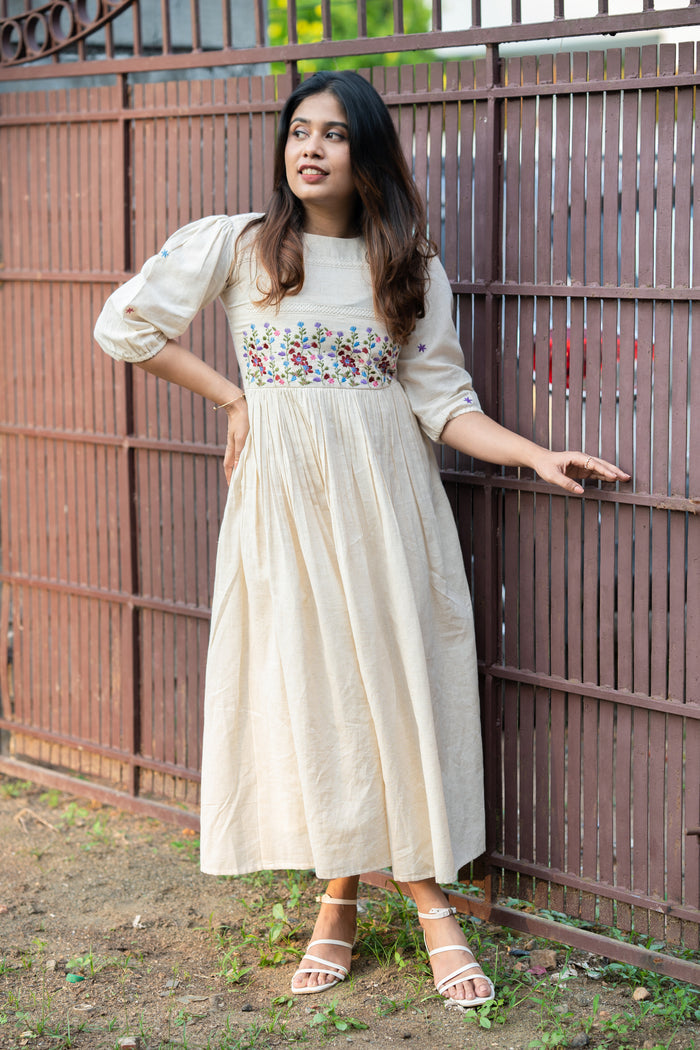 Off-white flex cotton dress with floral embroidery and crochet lace detailing on yoke and sleeves MBS-R234 **Ready to dispatch**