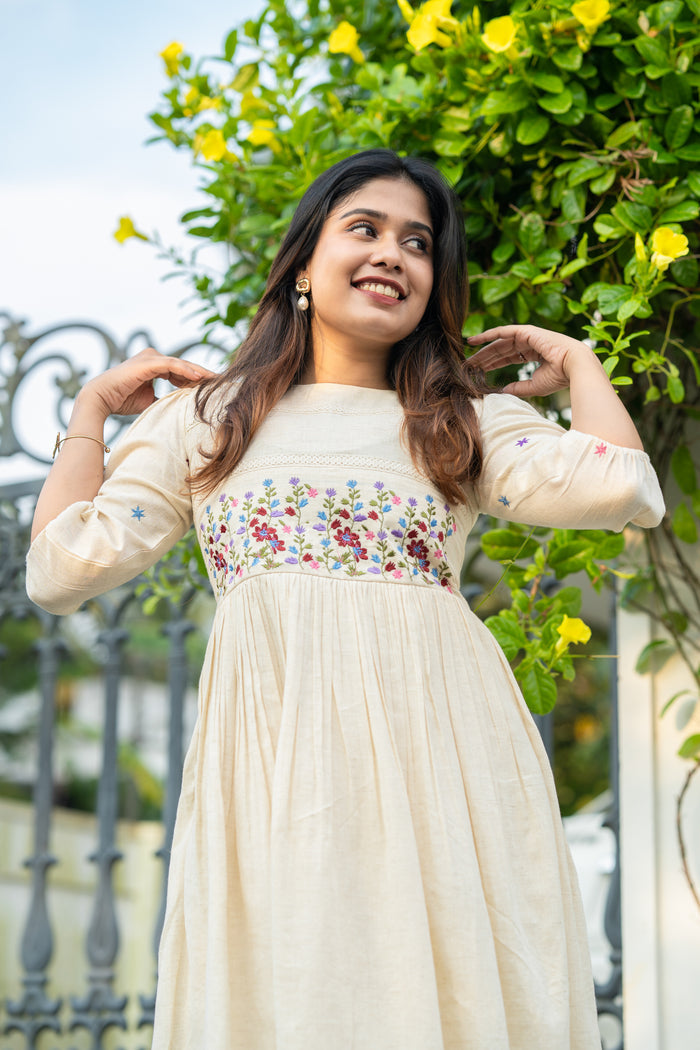 Off-white flex cotton dress with floral embroidery and crochet lace detailing on yoke and sleeves MBS-R234 **Ready to dispatch**