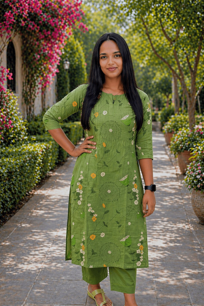 Floral printed cotton co-ord set in green shade MBS-870 **Ready to dispatch**