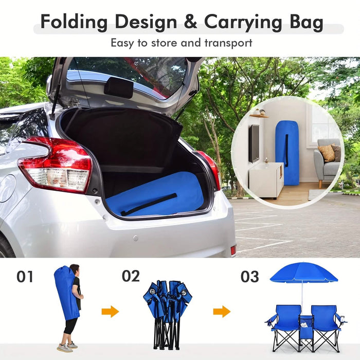 Folding Double Camping Chair with Umbrella (Blue) DailySale