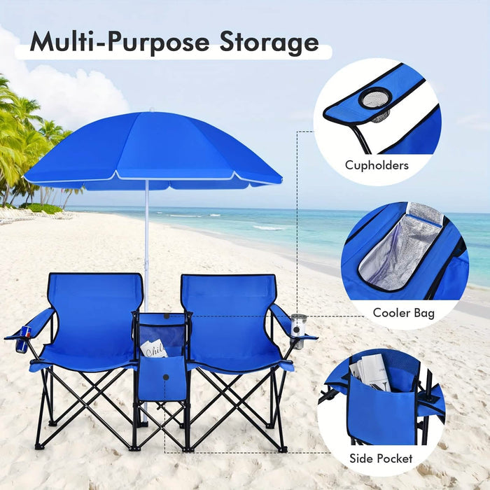 Folding Double Camping Chair with Umbrella (Blue) DailySale