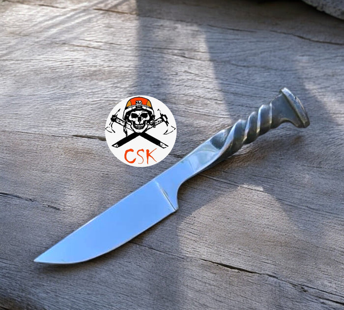 Forged Railroad Spike Knife – Unique Artisan Blade with Twisted Handle Design cskforged