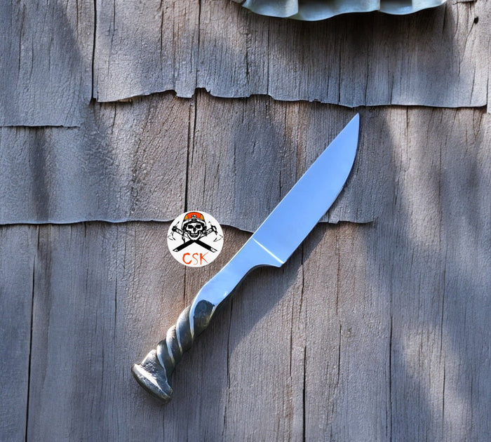 Forged Railroad Spike Knife – Unique Artisan Blade with Twisted Handle Design cskforged