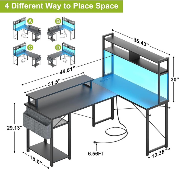 Forty Eight Inch L Shaped Gaming Desk With Power Outlets